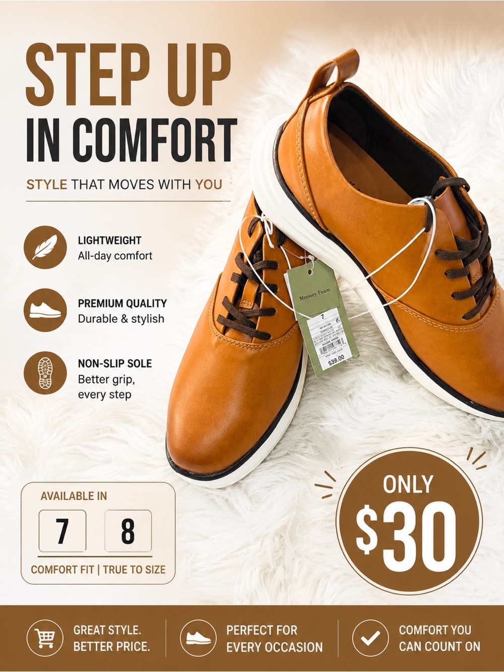Goodfellow & Co Tan Leather Lace-Up Oxfords size 7 & 8